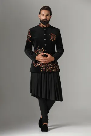 Black Velvet Embroidered Bandhgala Suit