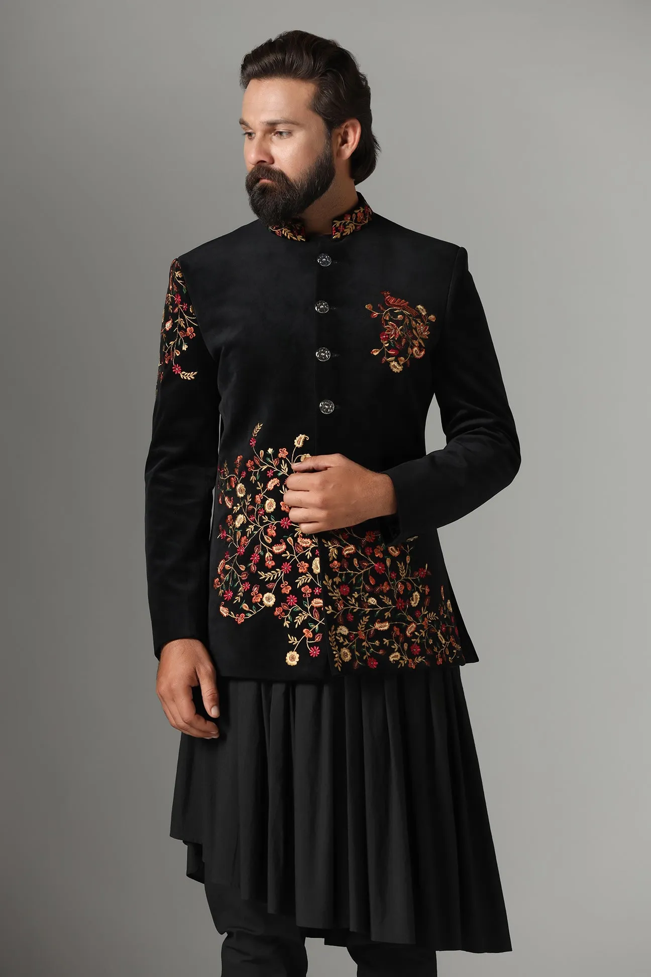 Black Velvet Embroidered Bandhgala Suit