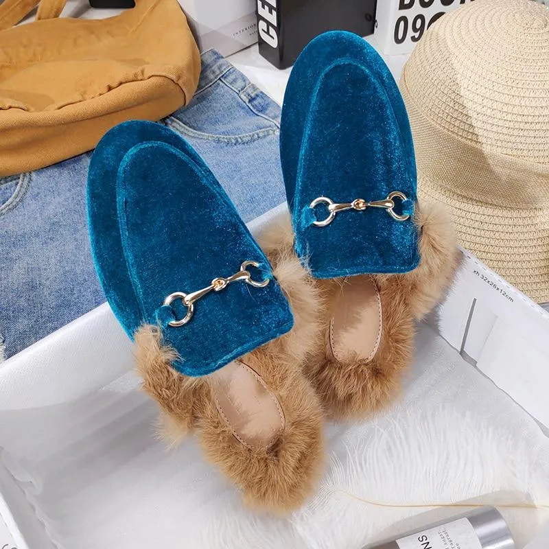 Furry Outer Wearing slippers for women Muller slippers Wild Fluffy Flat Mules Warm