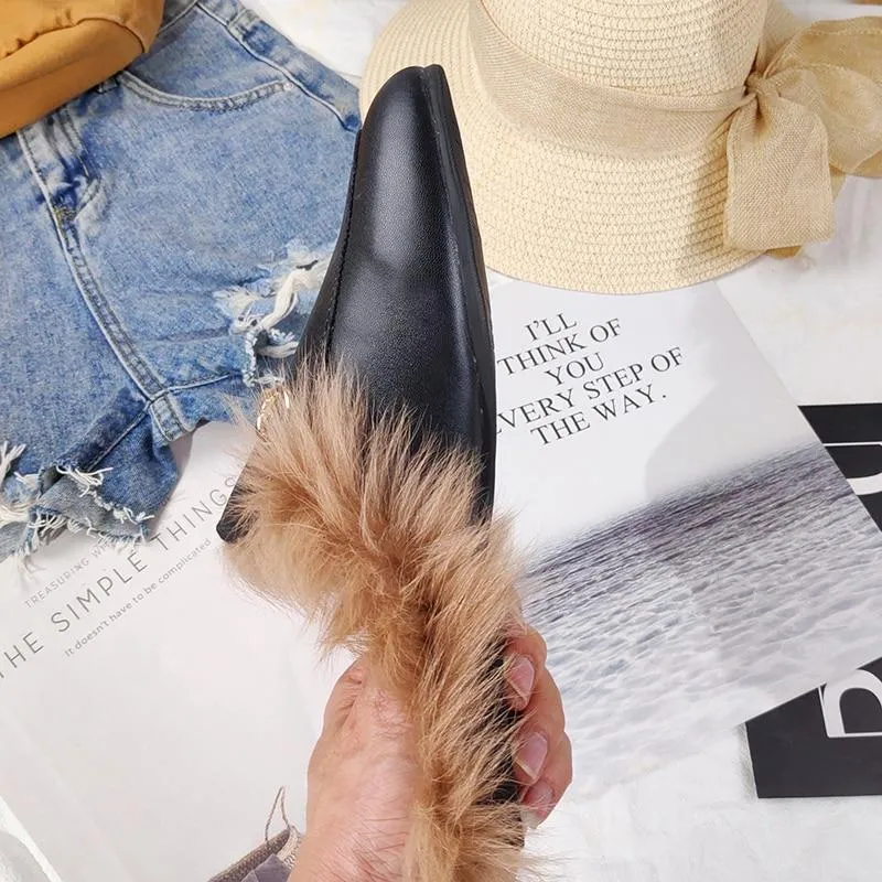 Furry Outer Wearing slippers for women Muller slippers Wild Fluffy Flat Mules Warm