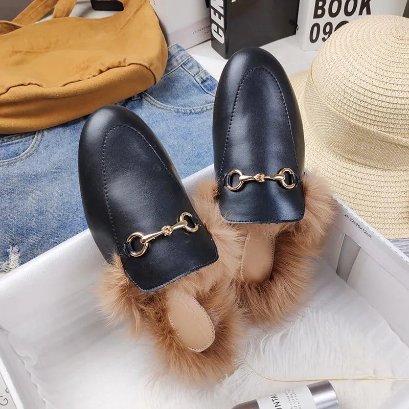 Furry Outer Wearing slippers for women Muller slippers Wild Fluffy Flat Mules Warm