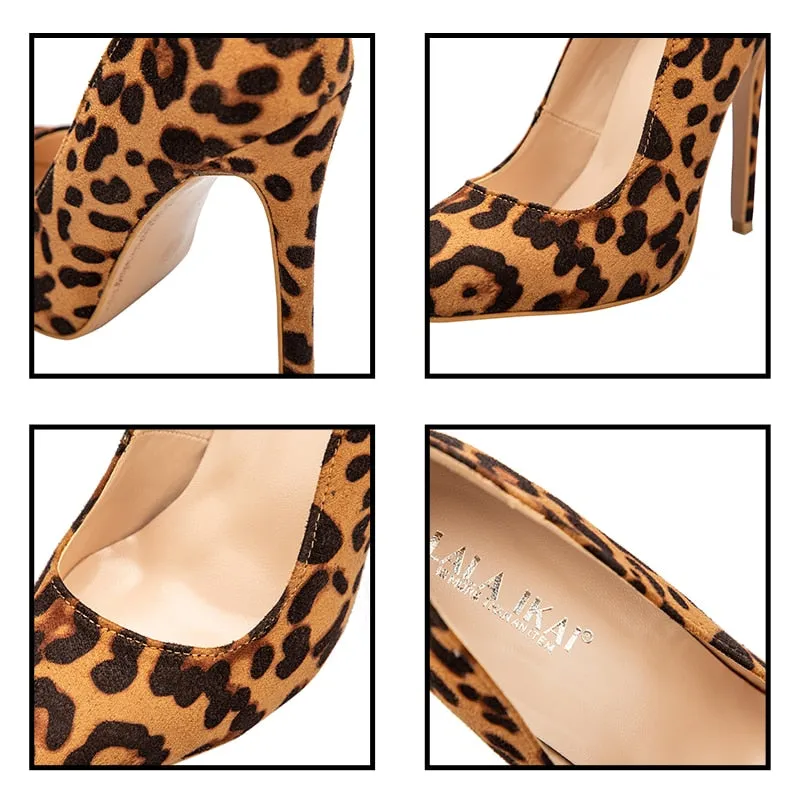High Heels Leopard Shoes Women Pumps Office Lady Pointed Toe Flock Sexy 12 Cm Wedding Sapato Feminino