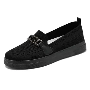 Ladies Knit Flats Casual Shoes With Buckle