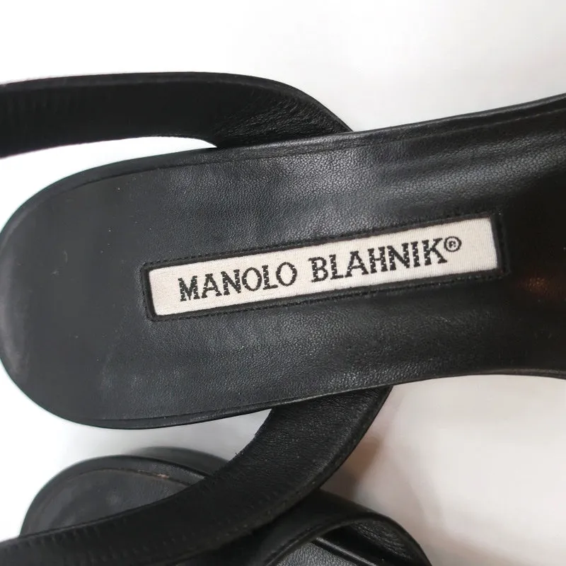 Manolo Blahnik Ankle Strap Flats Belfaba Black Cutout Leather Size 36.5