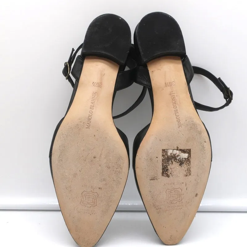 Manolo Blahnik Ankle Strap Flats Belfaba Black Cutout Leather Size 36.5