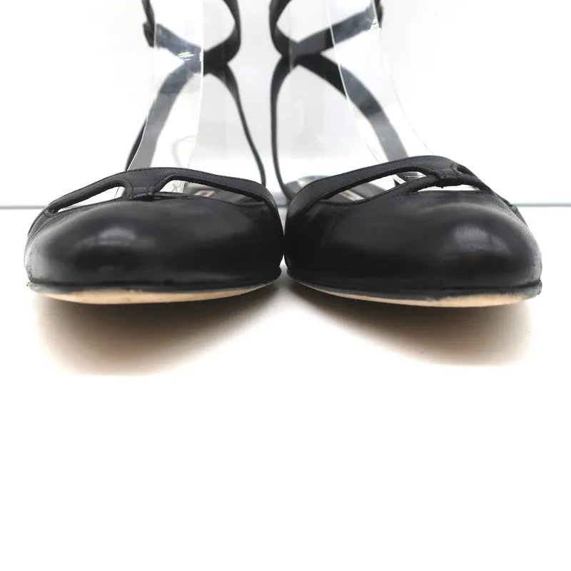 Manolo Blahnik Ankle Strap Flats Belfaba Black Cutout Leather Size 36.5