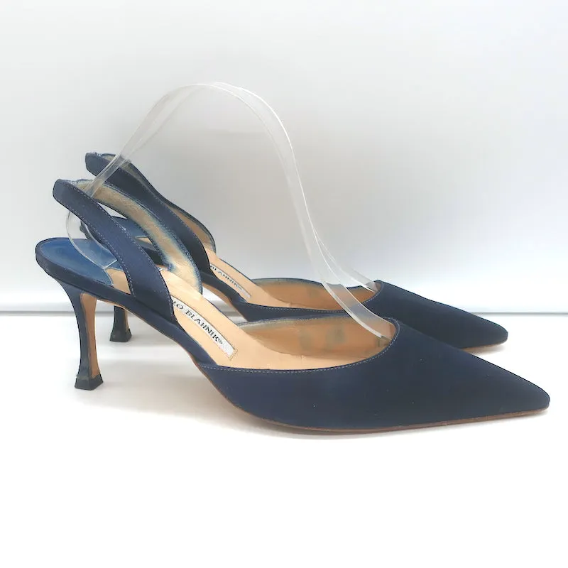 Manolo Blahnik Carolyne 90 Slingback Pumps Navy Satin Size 42