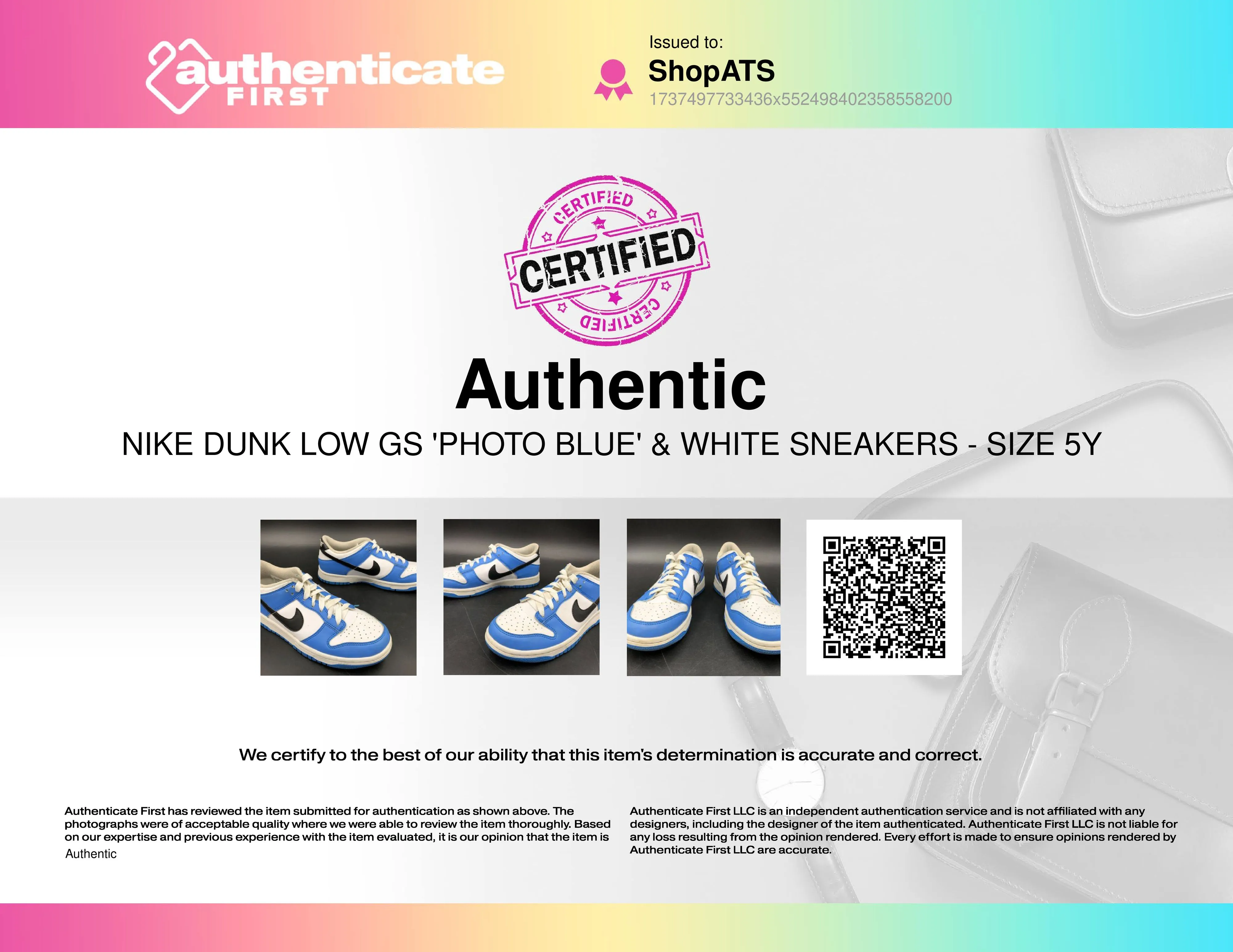 Nike Dunk Low GS 'Photo Blue' & White/Black Athletic Sneakers - Size 5Y ( COA)