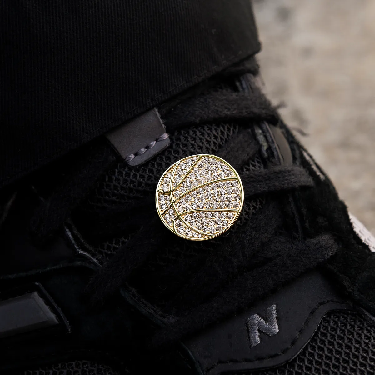 Pave Basketball Shoelace Charm in Yellow Gold