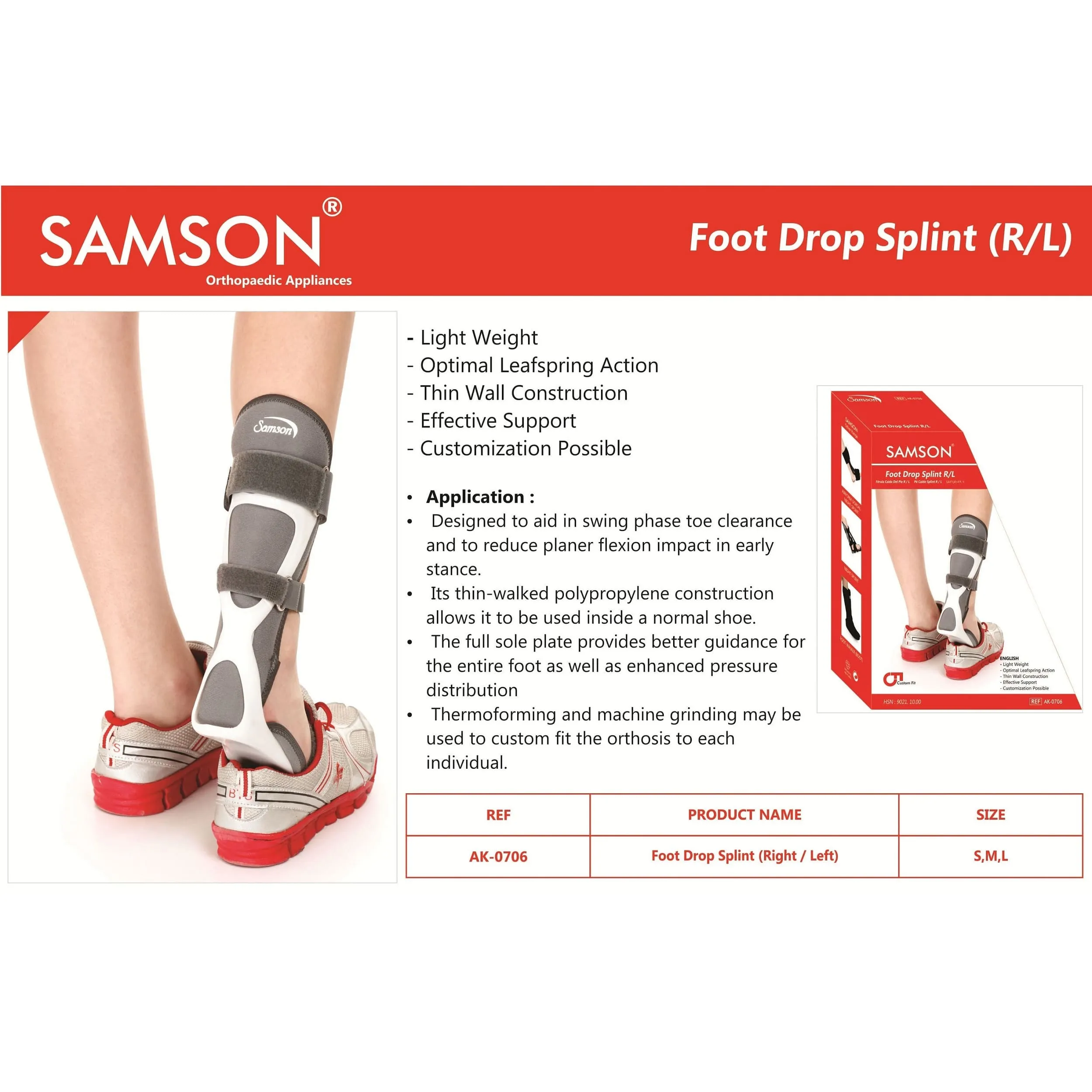 Samson Foot Drop Splint - (Custom Fit, Light Weight, Thin Wall Construction for Effective Support) (For Men & Women)