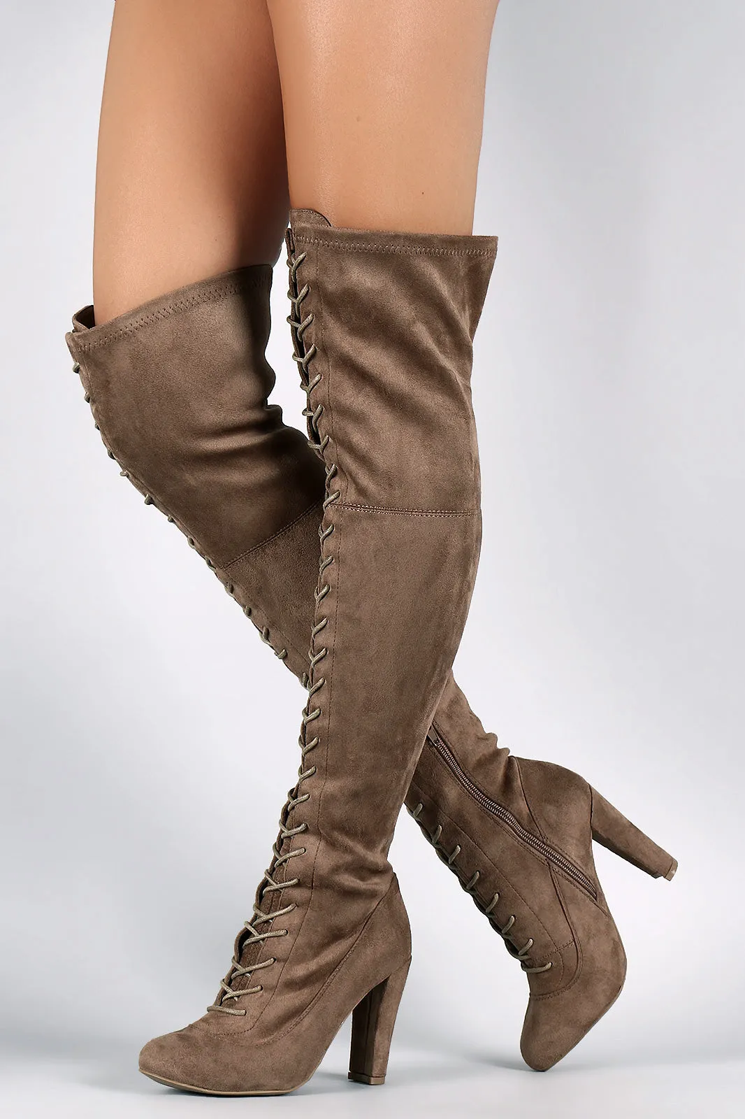 Wild Diva Lace Up Chunky Heel Over the Knee Boots