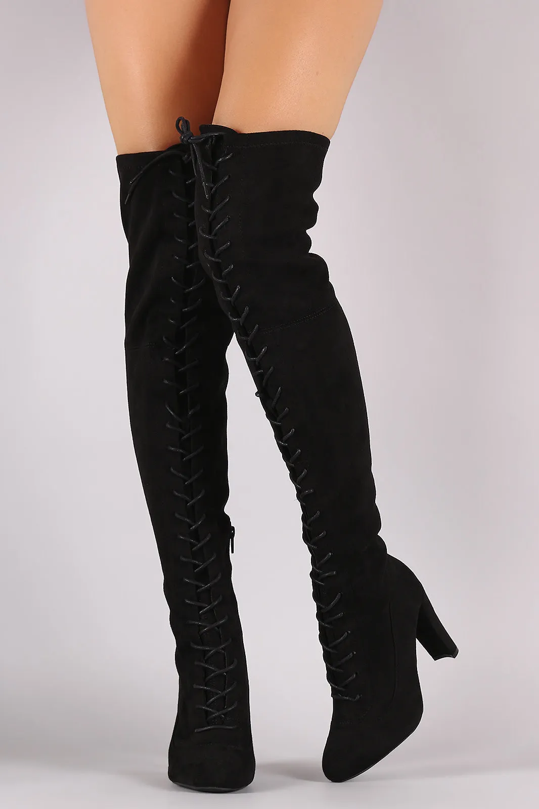 Wild Diva Lace Up Chunky Heel Over the Knee Boots