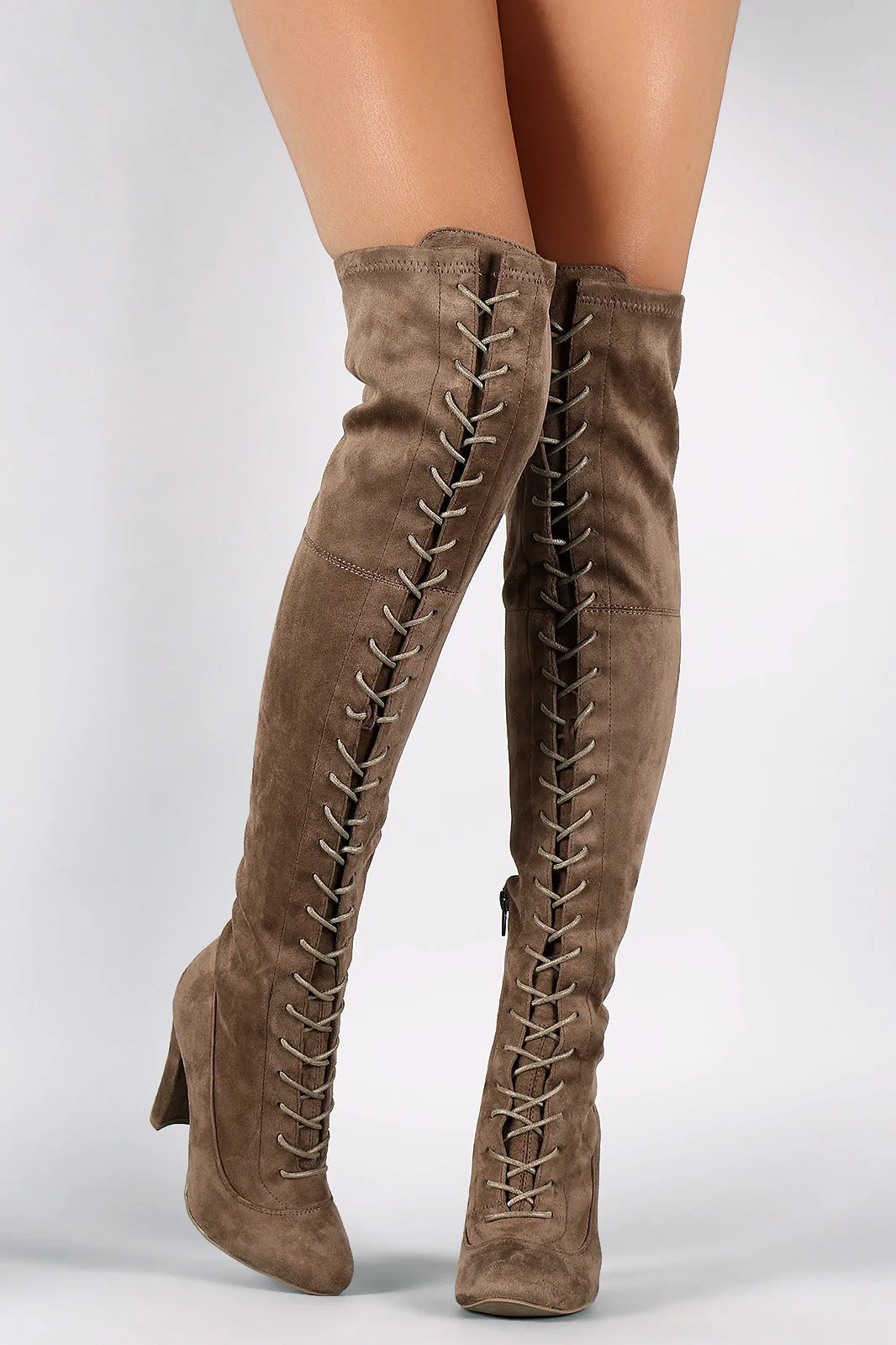 Wild Diva Lace Up Chunky Heel Over the Knee Boots