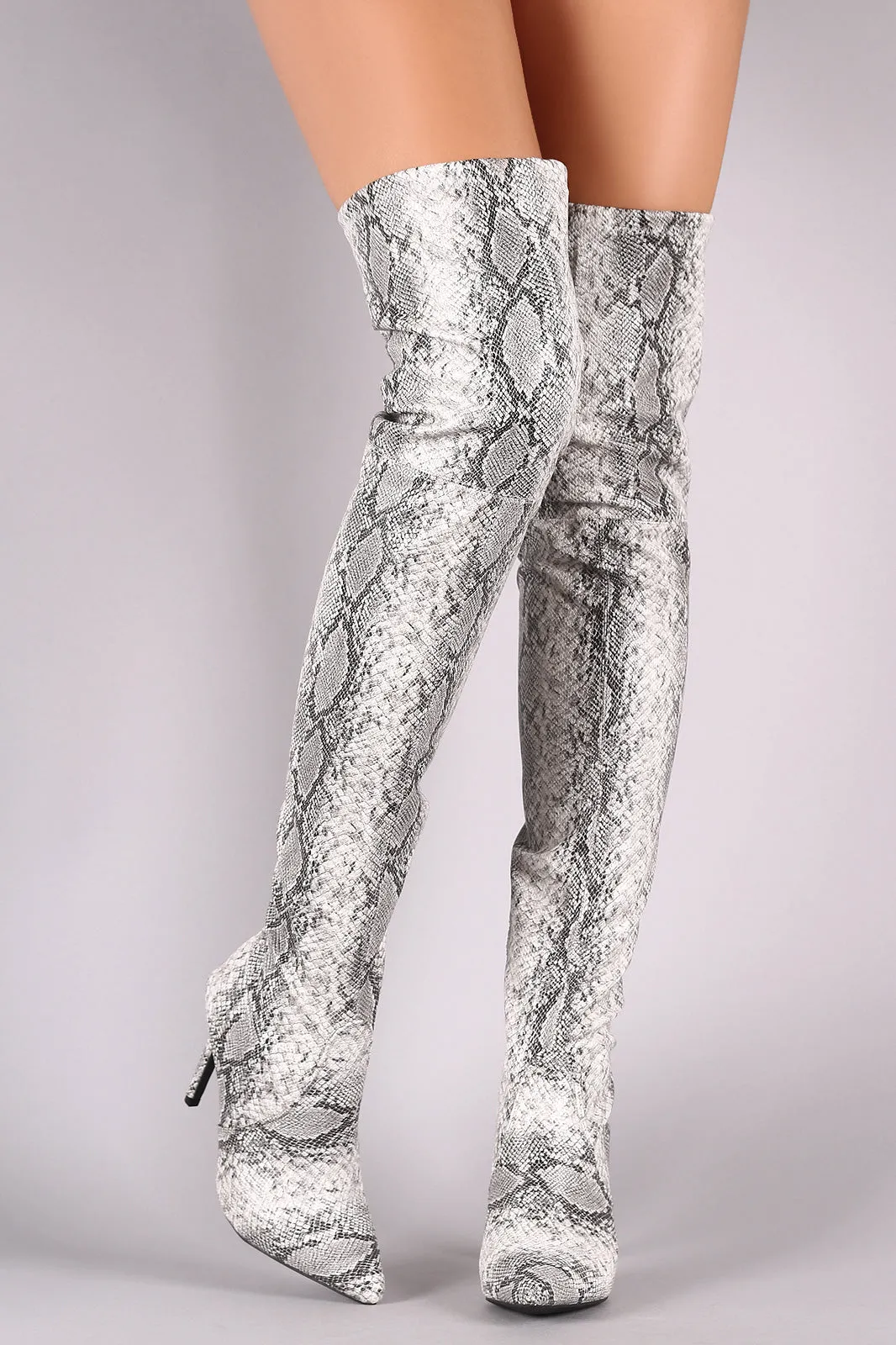 Wild Diva Lounge Snake Embossed Pointy Toe Over-The Knee Stiletto Boots